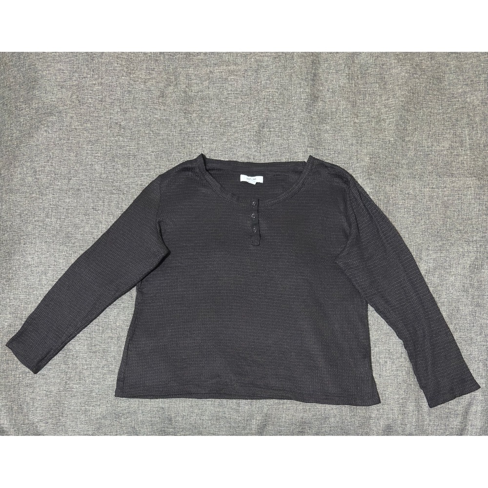Sonoma Women XL Sleepwear Top Black Henley Waffle Knit Long Sleeve